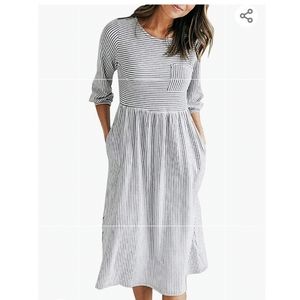 Women's 3/4 Balloon Sleeve Striped High Waist T Shirt Midi Dress with Pockets